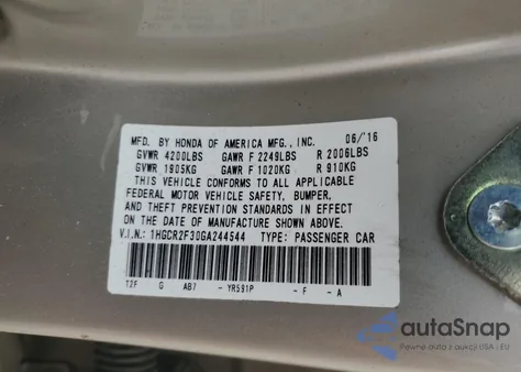 2016 Honda Accord Lx z USA, uszkodzony, nr VIN 1HGCR2F30GA244544